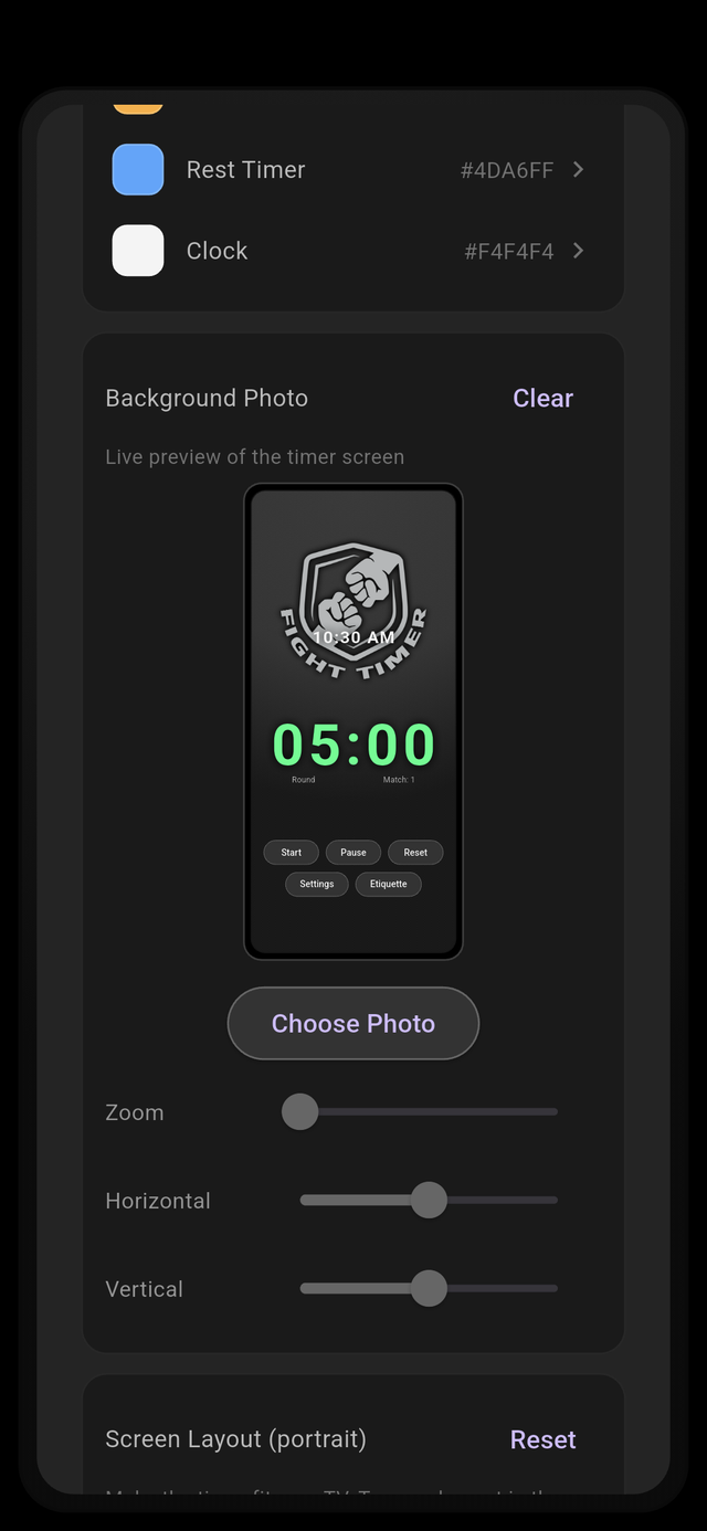 Colours and background settings with live preview
